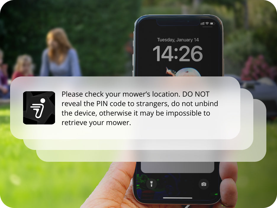 Navimow i110E robot lawn mower notification alert on a smartphone.