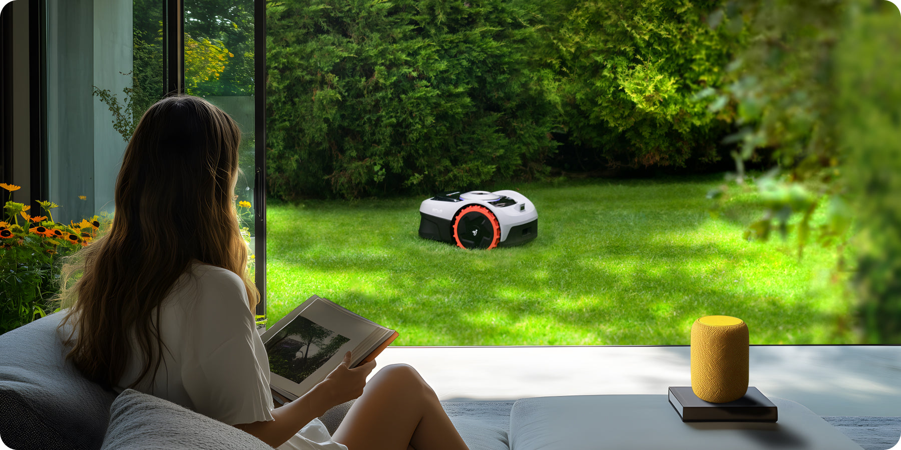 Segway Navimow i110E robot lawn mower mows the green grass.