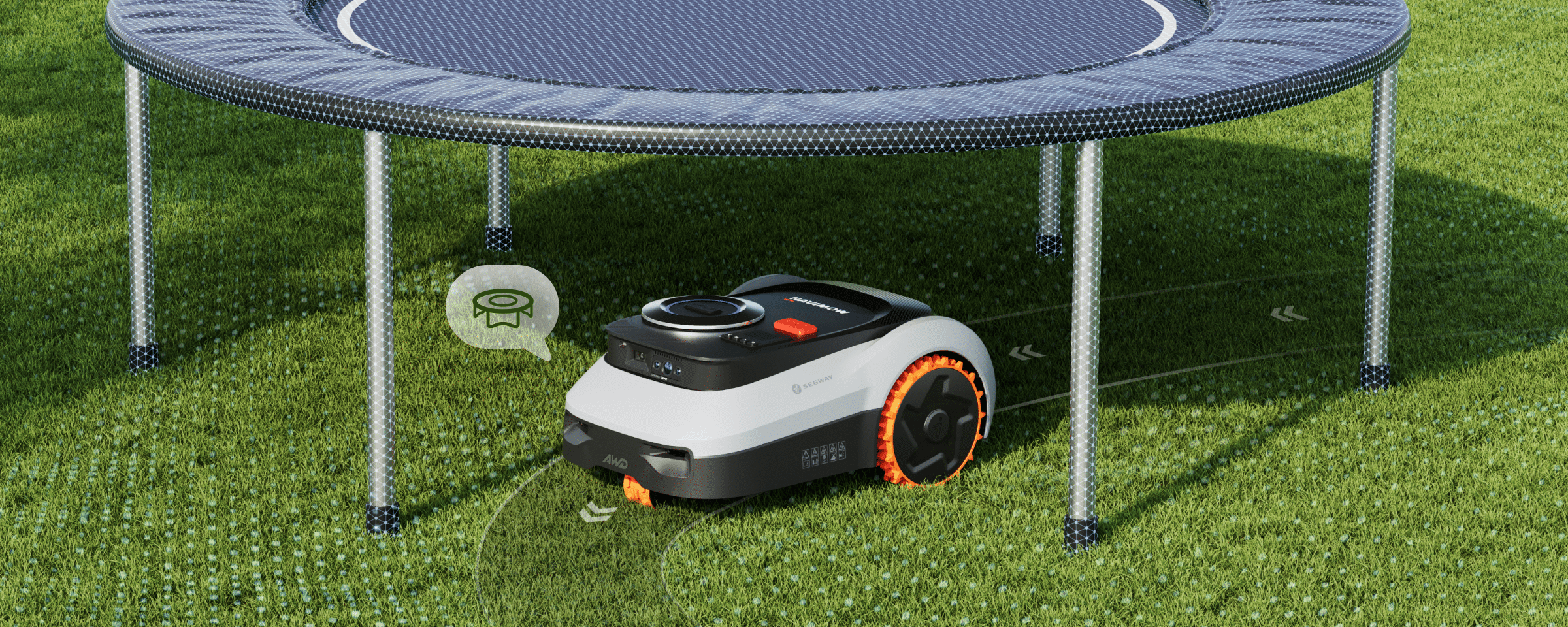 Segway Navimow robot lawn mower mows grass under a trampoline.