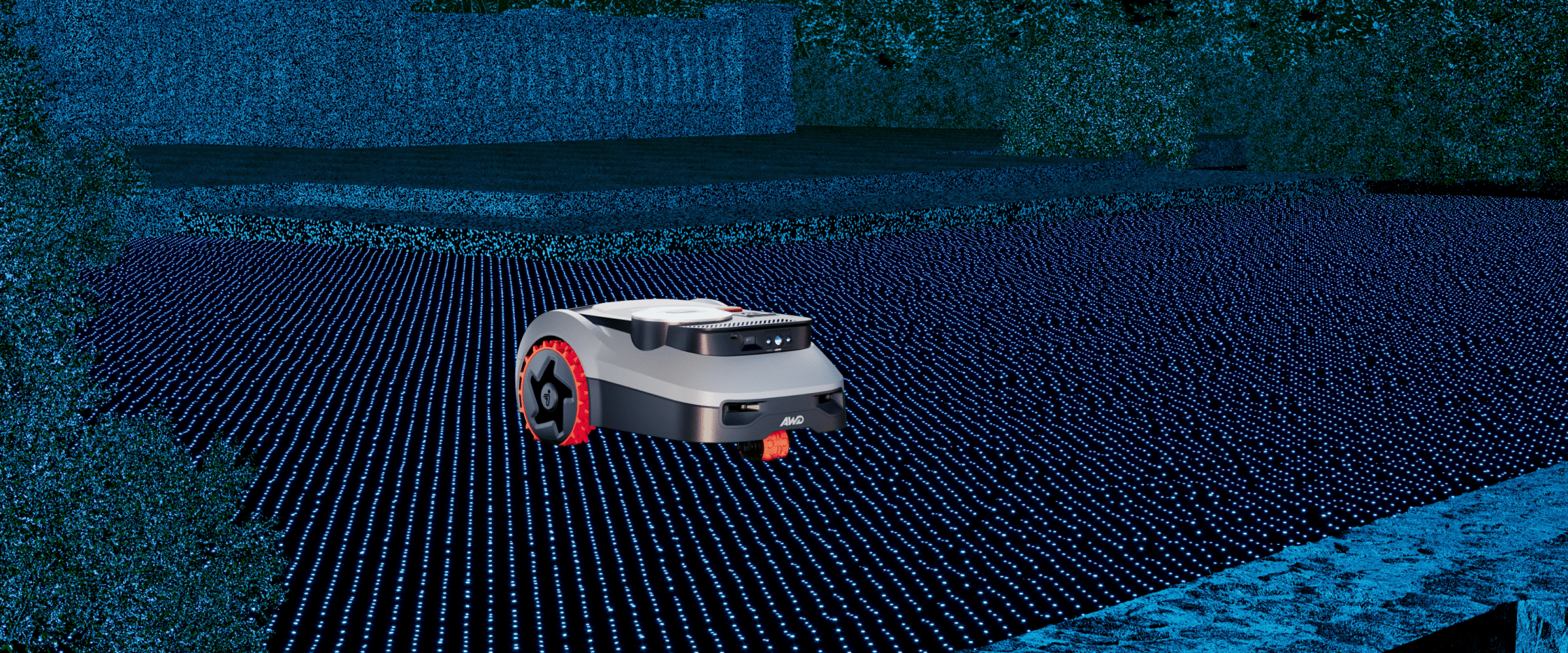 Navimow i110N robot lawn mower is scanning a backyard garden.