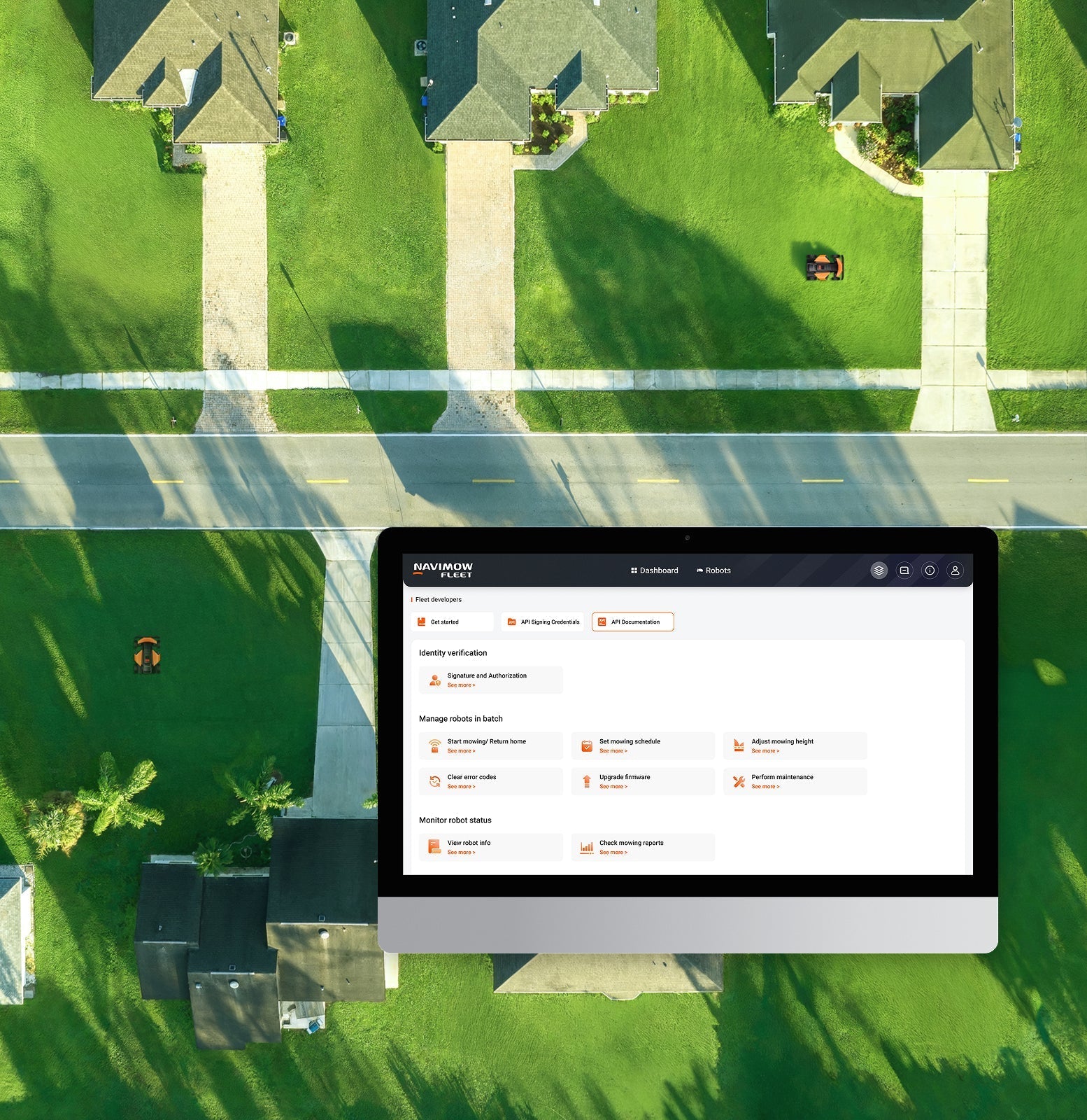 Navimow i Series robot lawn mower fleet management dashboard view.