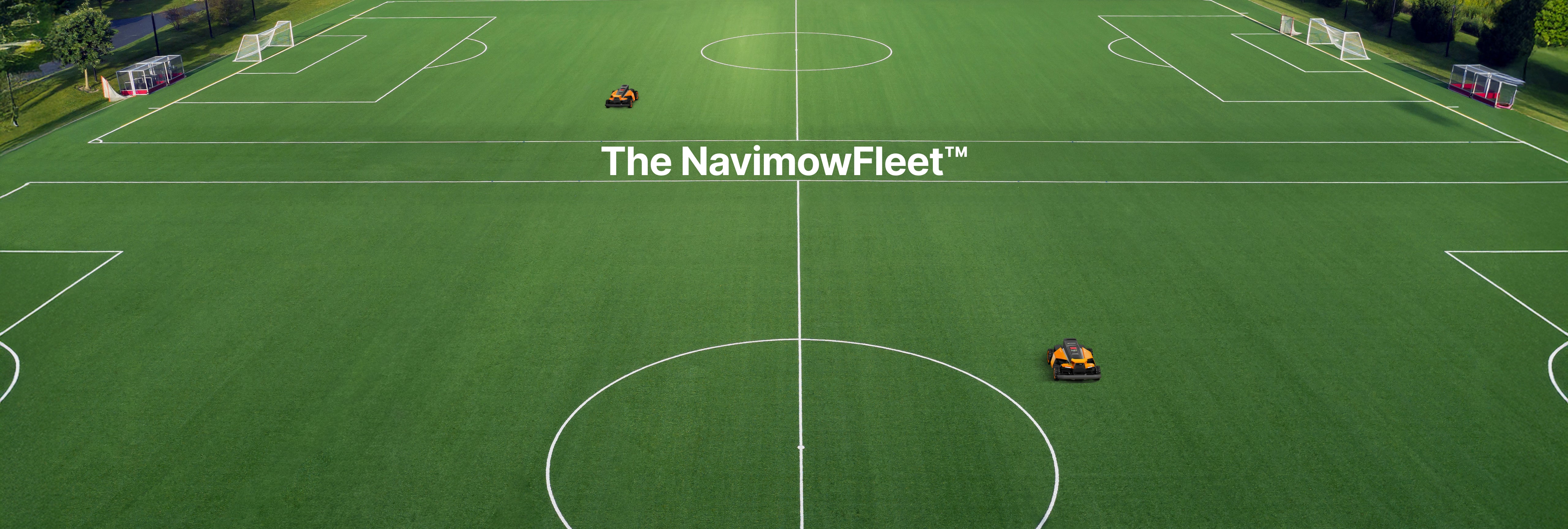 Navimow Fleet robot lawn mower mows a large soccer field.