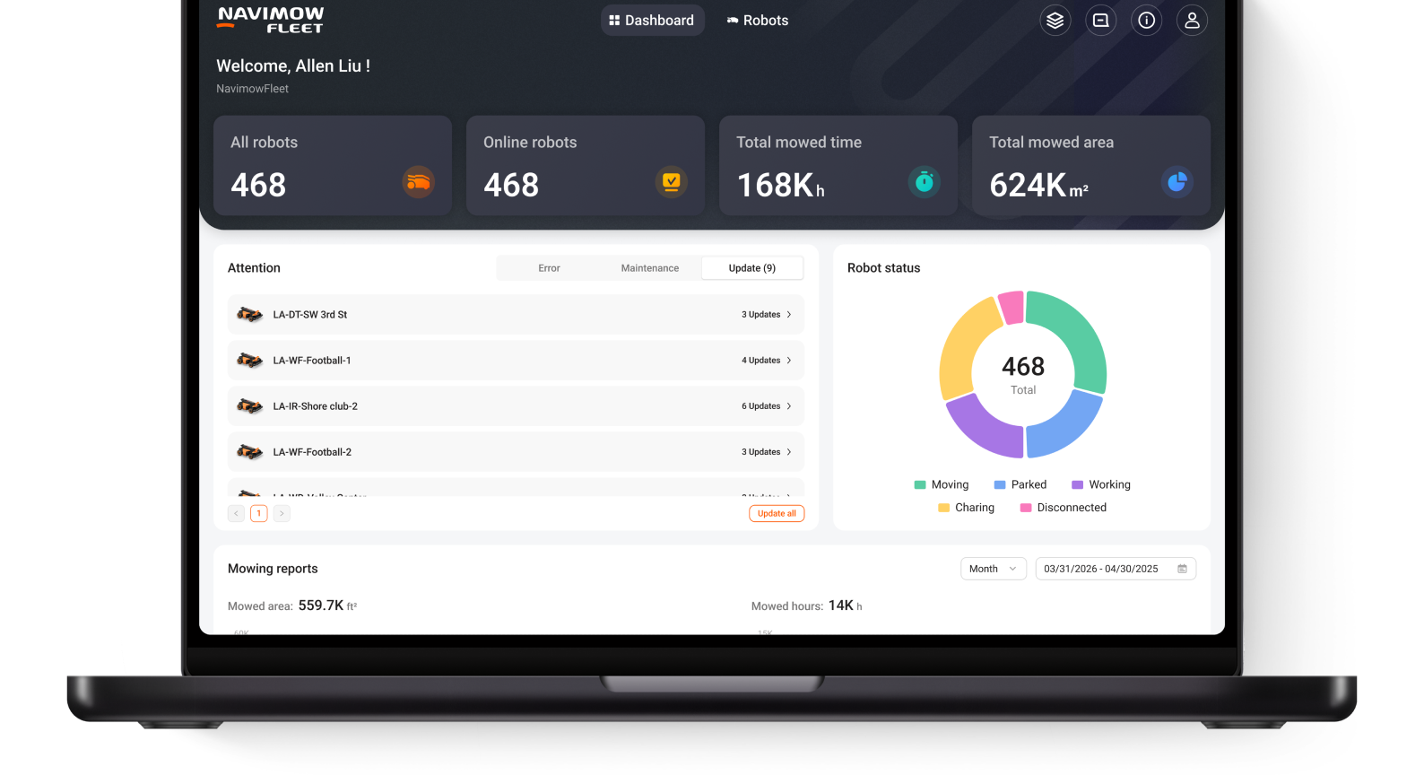 Navimow H series robot lawn mower dashboard showing fleet statistics.