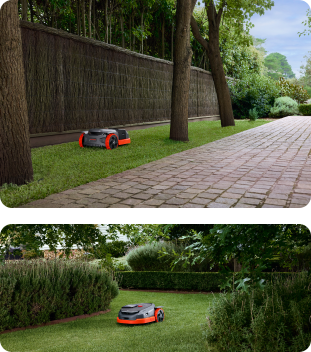 A Segway Navimow i110N robot lawn mower mows green grass.