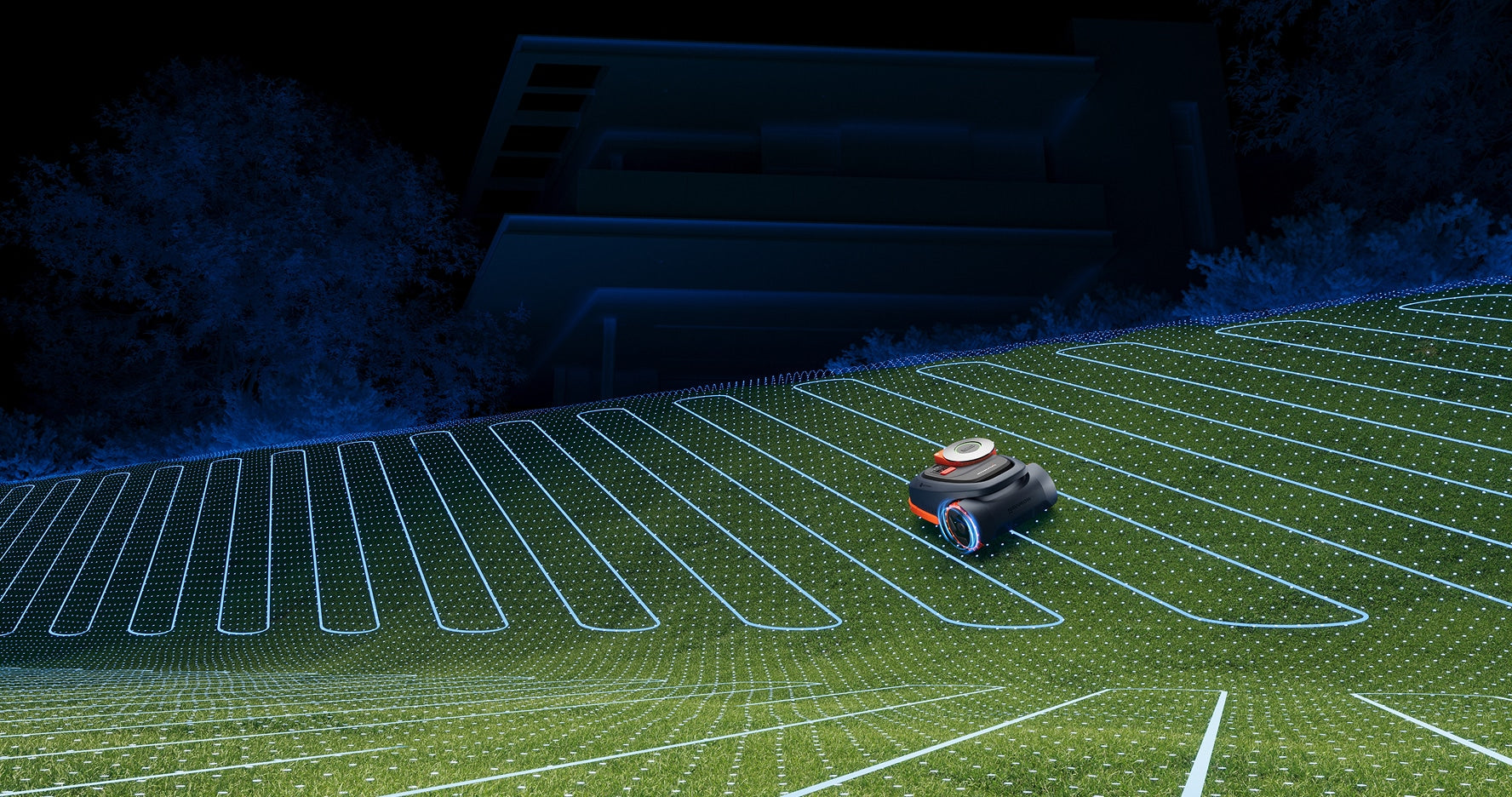 Navimow i110E robot lawn mower mows the lawn at night.