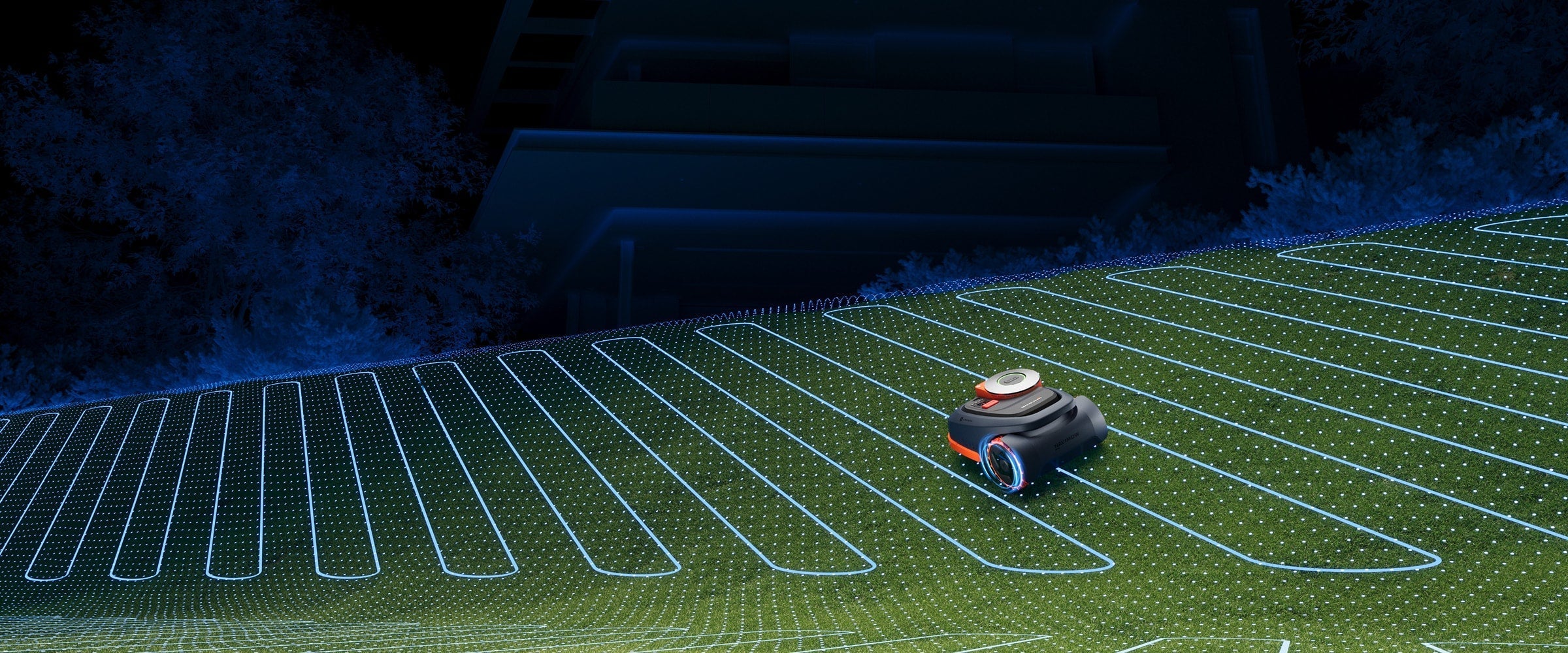 Navimow i105 robot lawn mower mows grass on a hill.