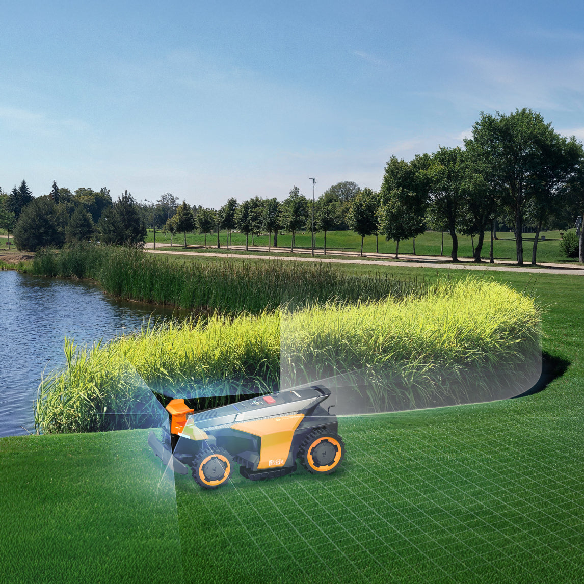 Navimow i105E robot lawn mower mows grass by the water.