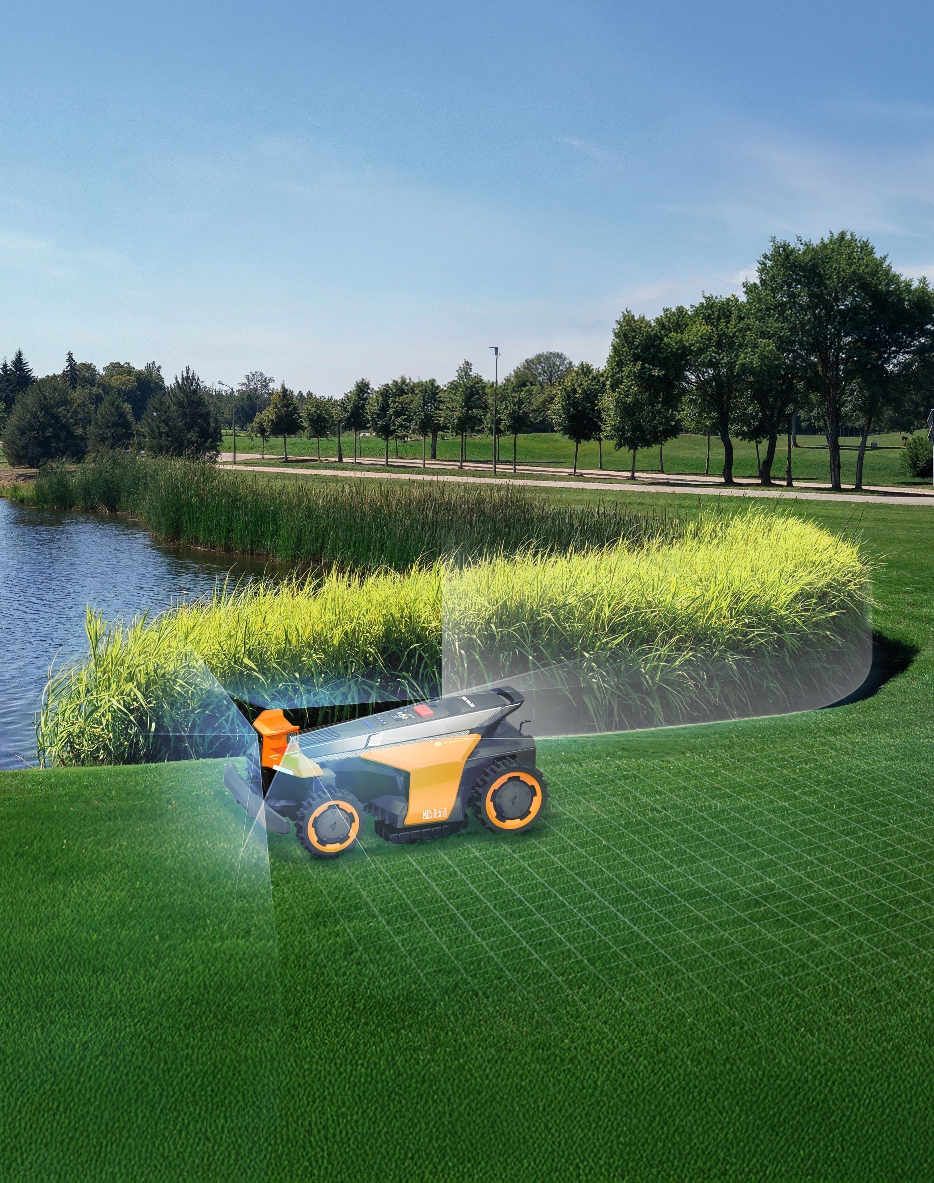 Navimow i110N robot lawn mower mows the grass near water.