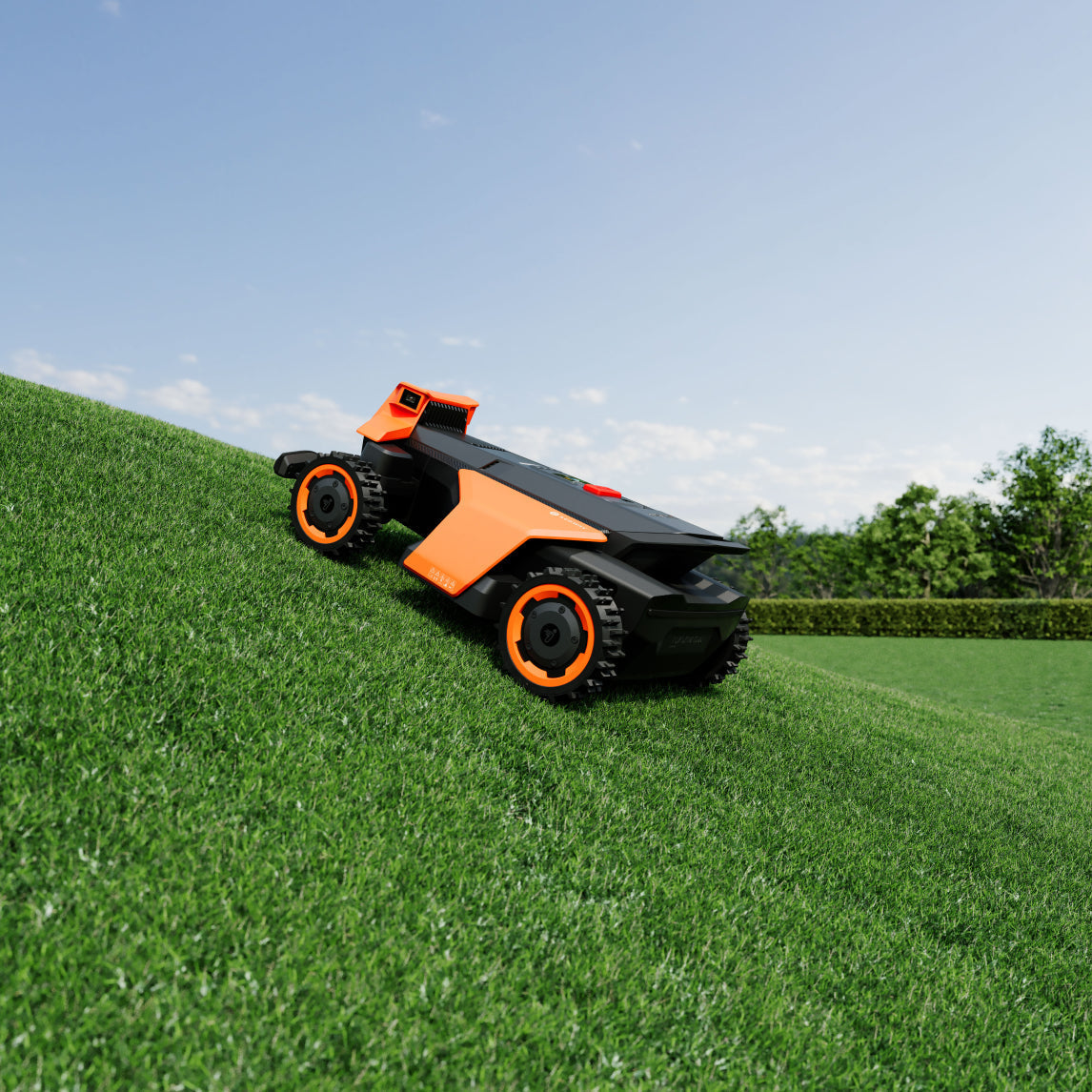 Navimow i105E robot lawn mower climbing a steep green hill.