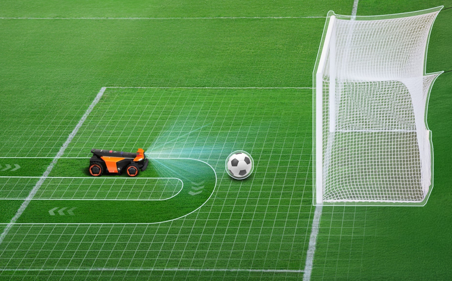 Navimow i Series robot lawn mower on a soccer pitch.