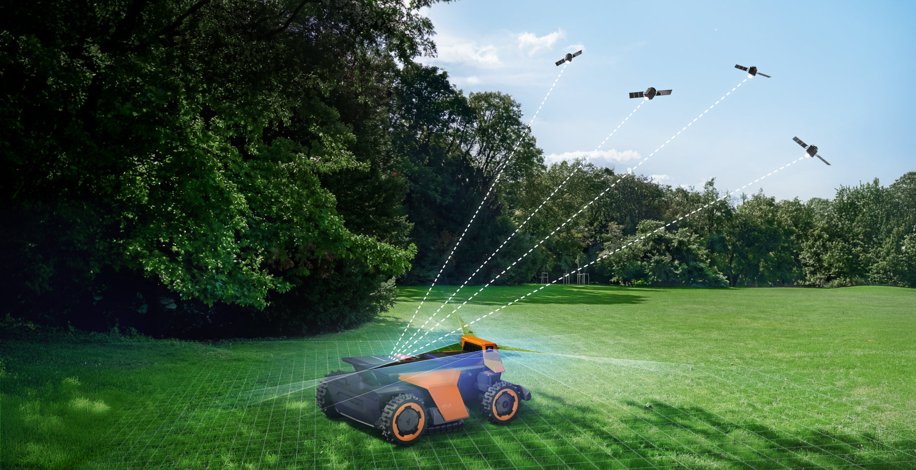 Segway Navimow i110N robot lawn mower mows the grass field.