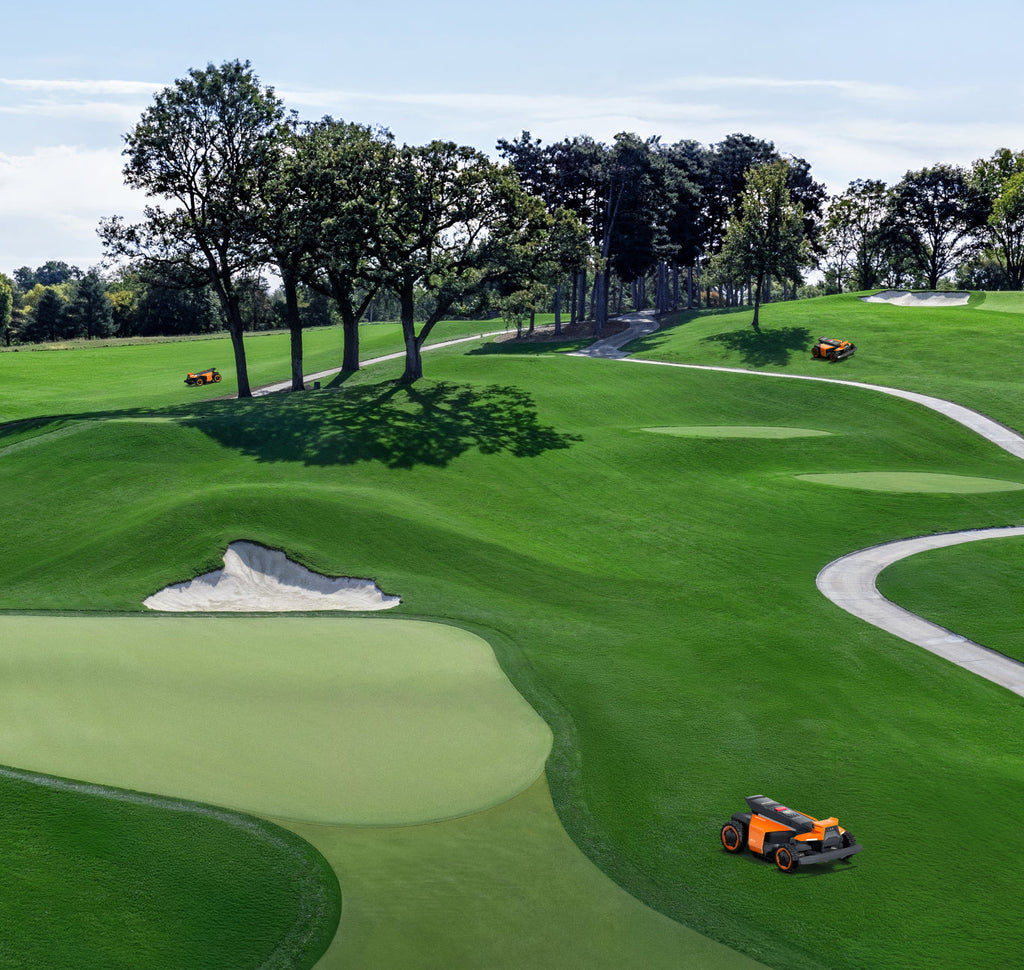 Navimow i110E robot lawn mower mows the green golf course.