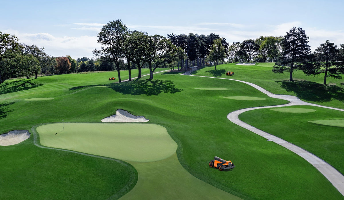 Navimow i105 robot lawn mower on a green golf course.