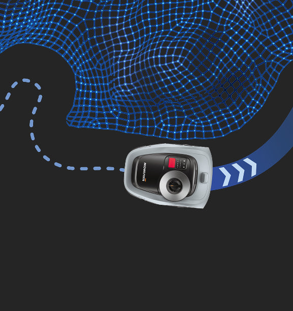 Navimow i105E robot lawn mower navigates through a digital grid.
