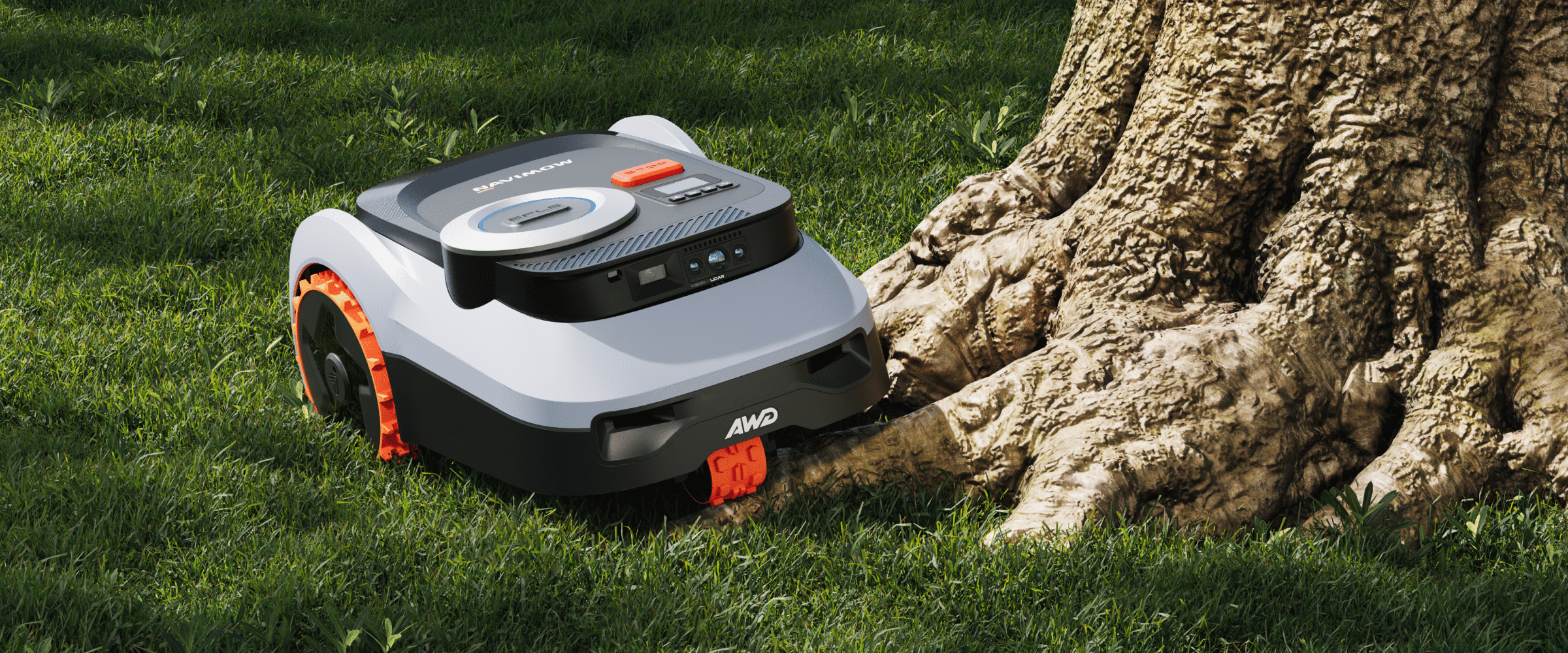 Navimow AWD robot lawn mower on grass near a tree.