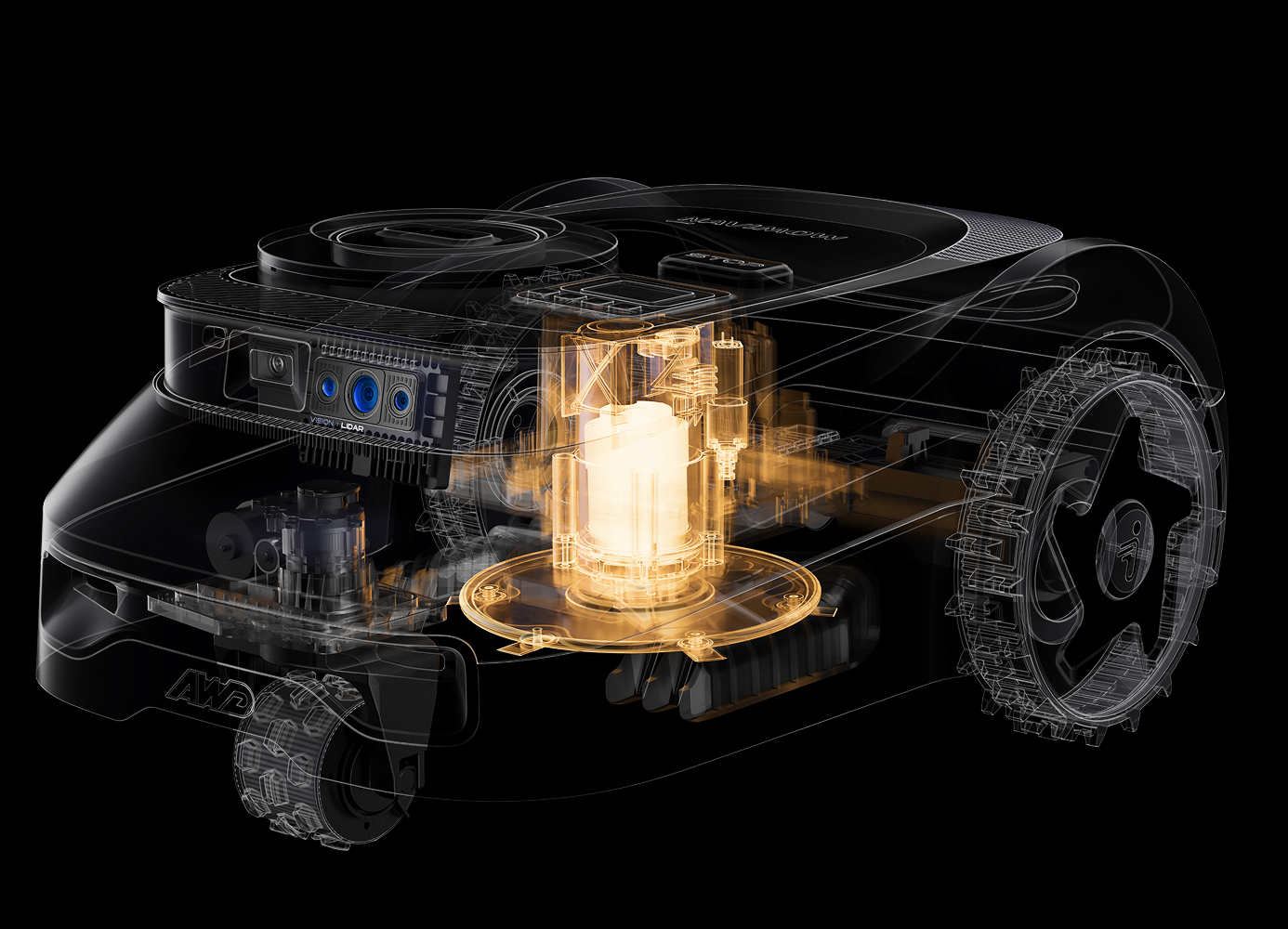 Navimow X3 robot lawn mower with its internal parts visible.