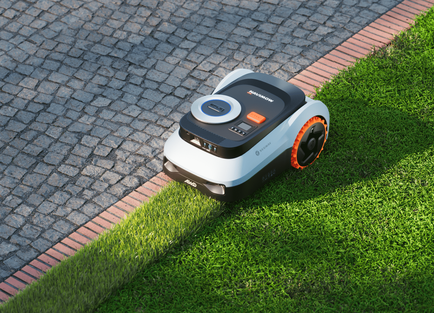 Segway Navimow AWD robot lawn mower mows the lush green grass.