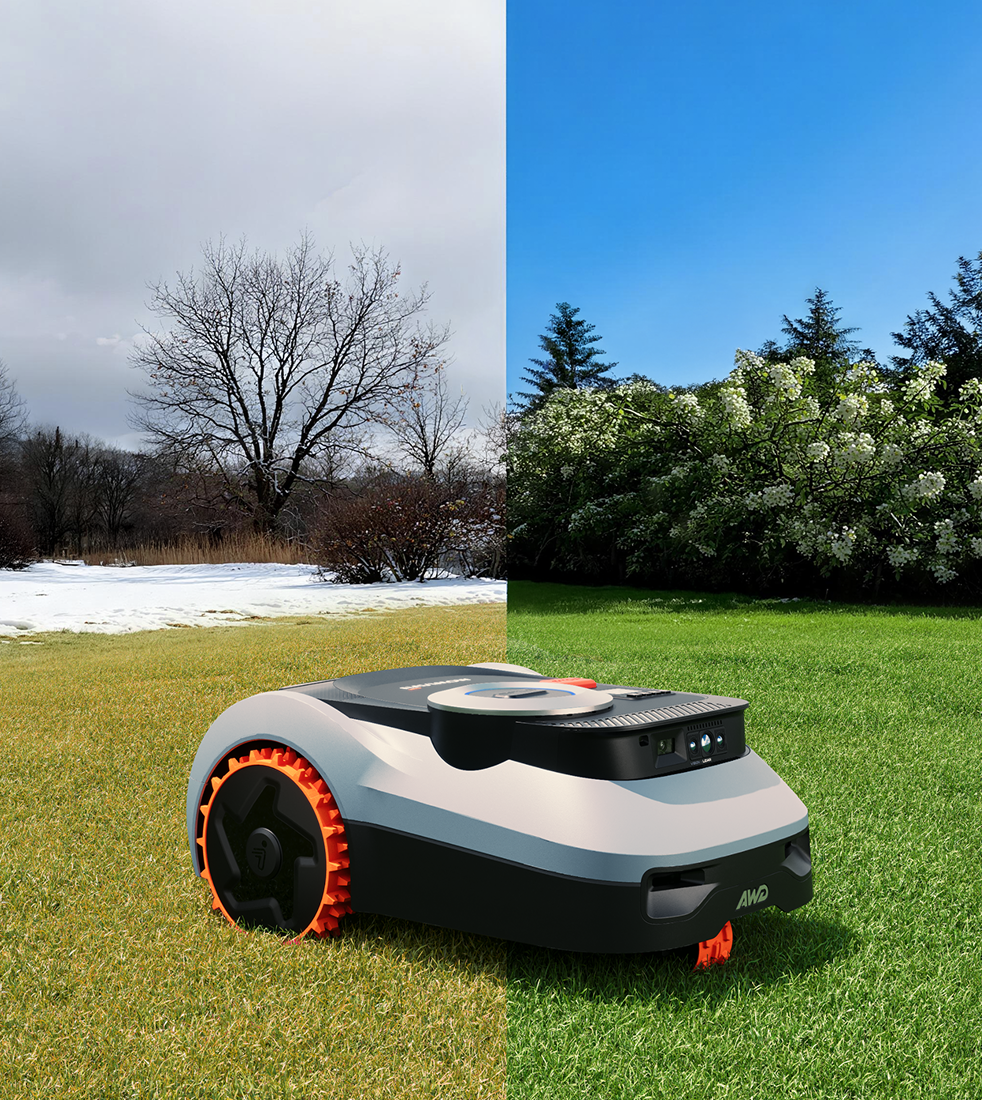 Mowator MOW robot lawn mower shown in summer and winter.