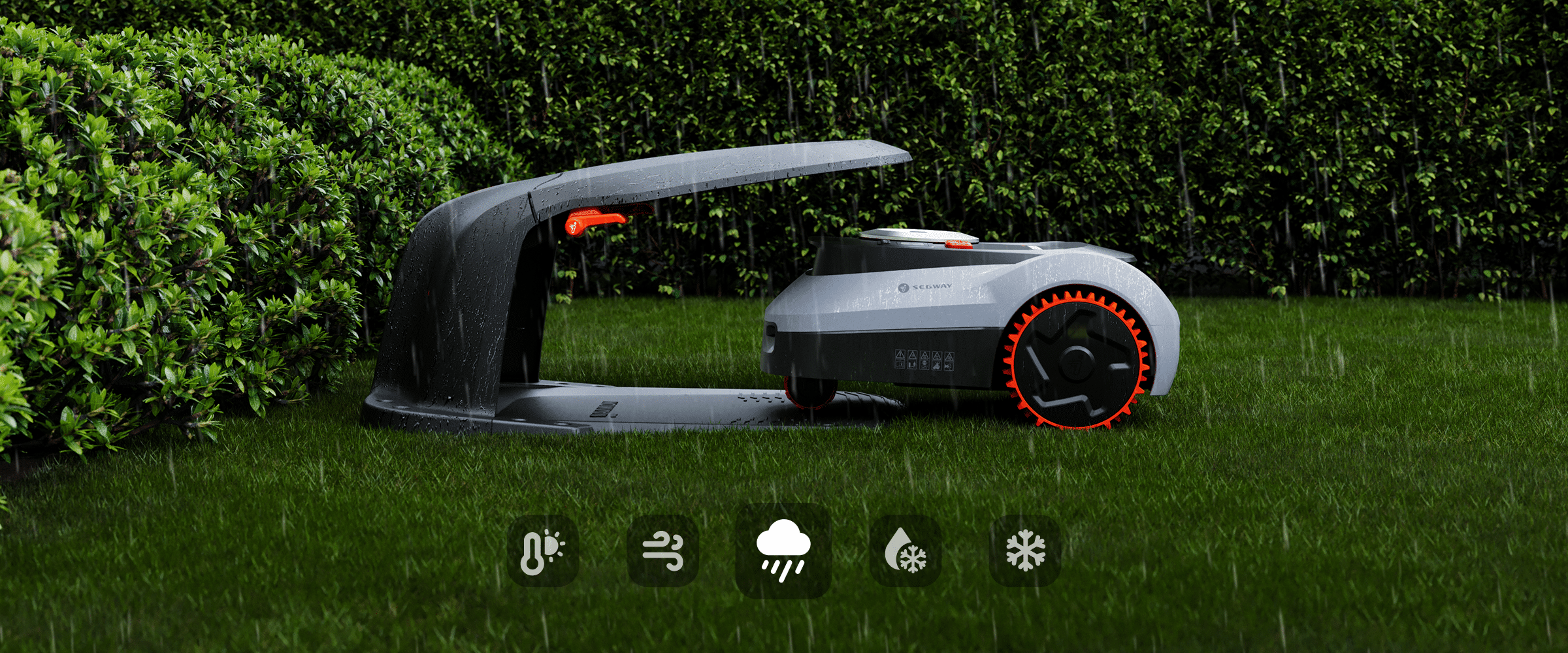 Segway Navimow i105E robot lawn mower parked in the rain.