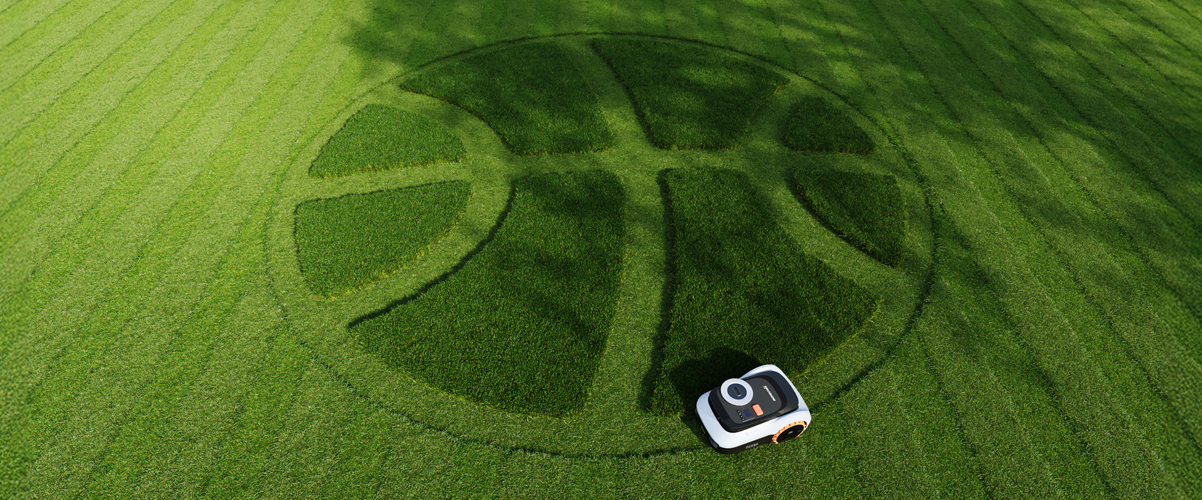 Navimow i110E robot lawn mower mows basketball design into grass.