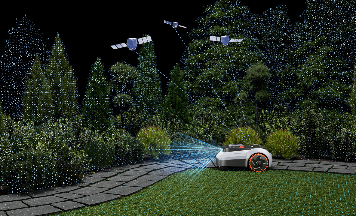 Segway Navimow robot lawn mower navigates garden with satellite signal.