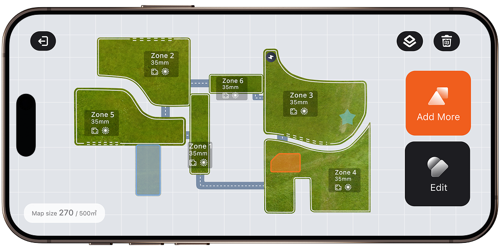 Navimow i105E robot lawn mower app interface shows several zones.