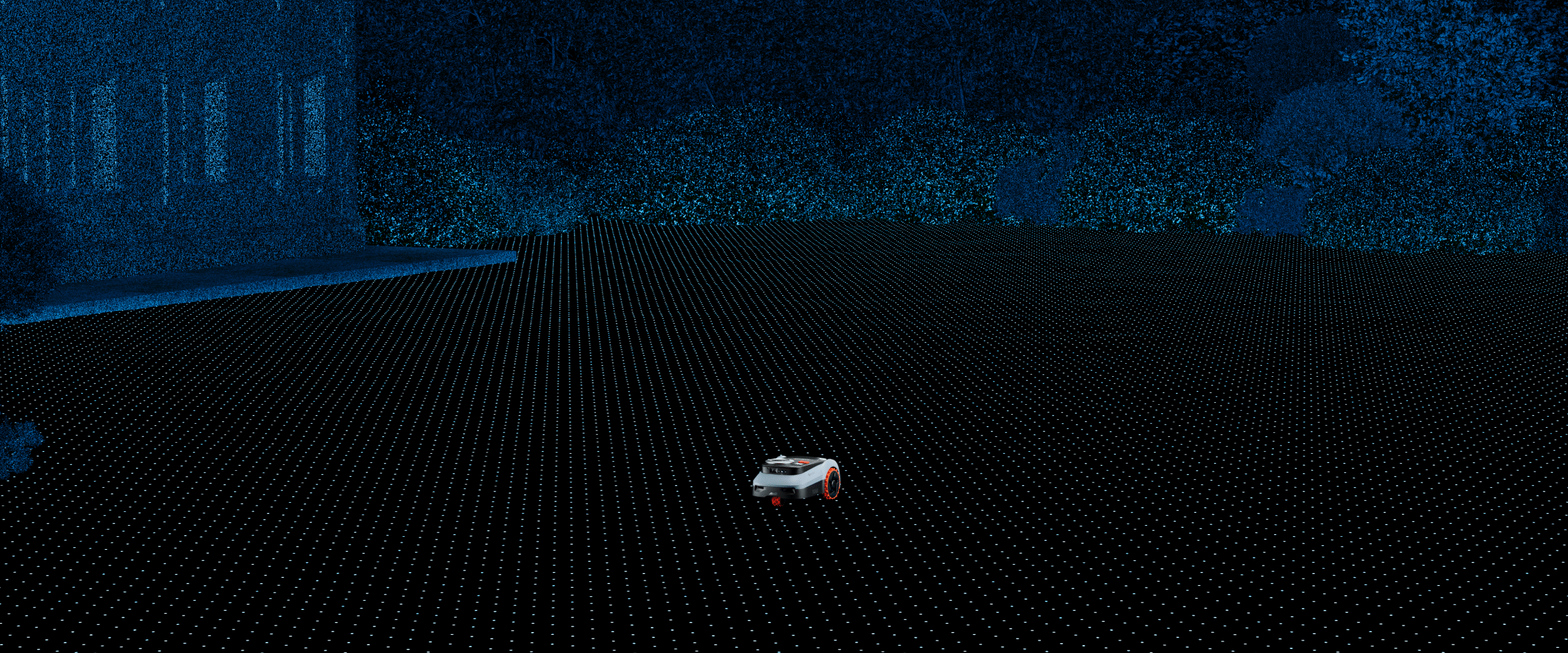 Segway Navimow i110N robot lawn mower scans the dark yard.
