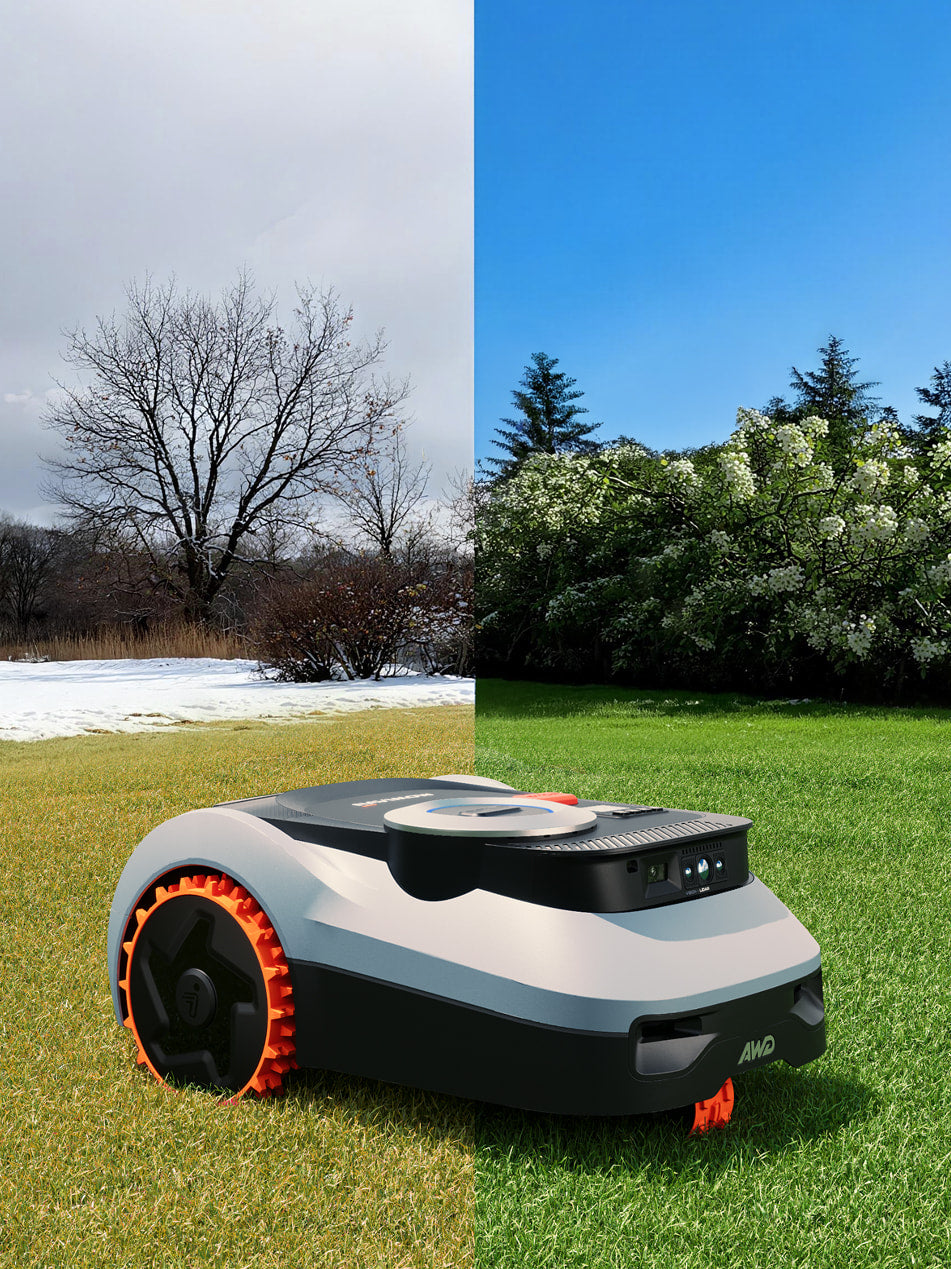 Segway Navimow i110N robot lawn mower shown in two seasons.